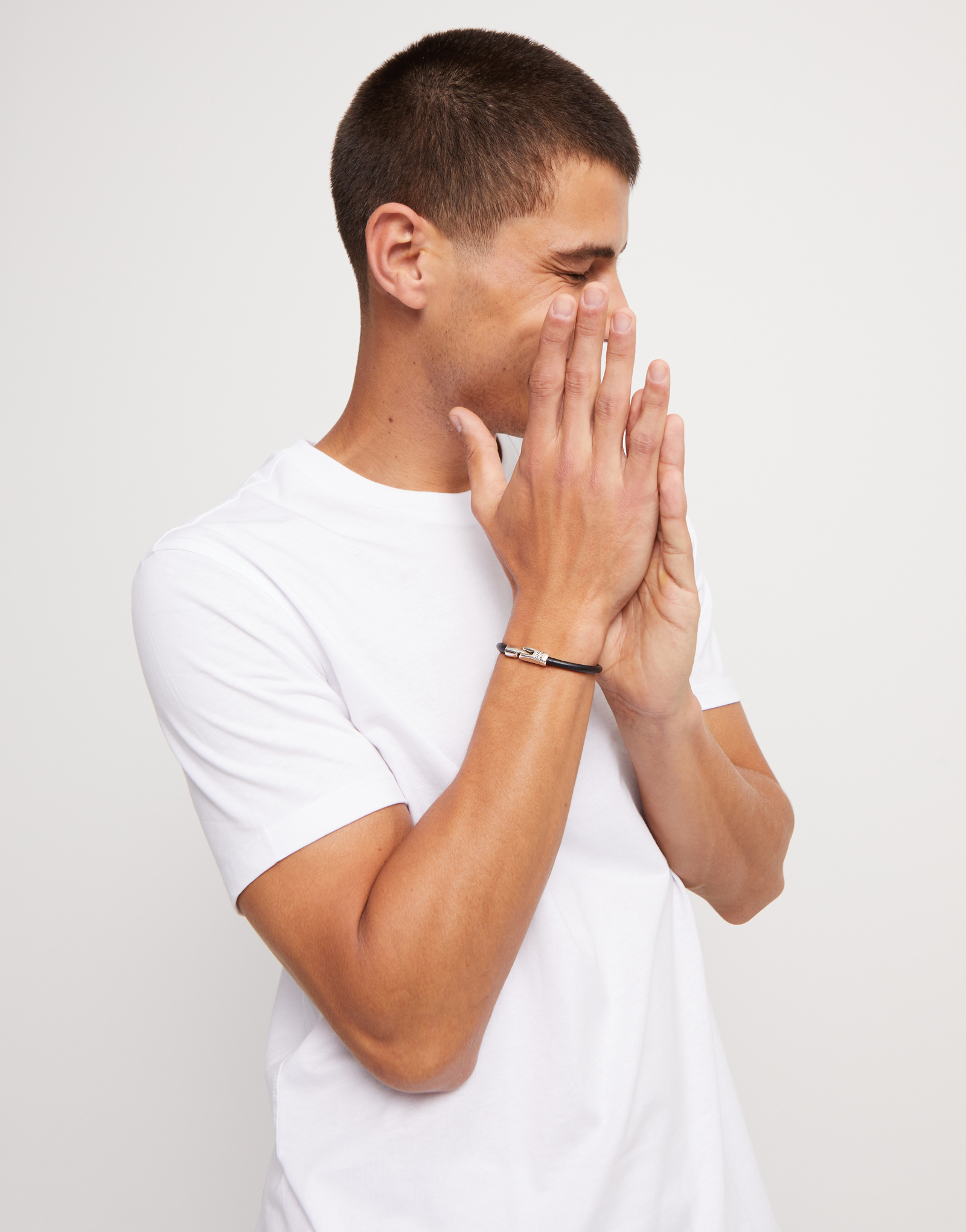Black leather sterling silver-plated bracelet, Silver, large thumbnail